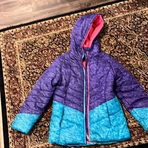 Girls Swiss Alps winter coat, size S 7/8. Purple & tortoise
